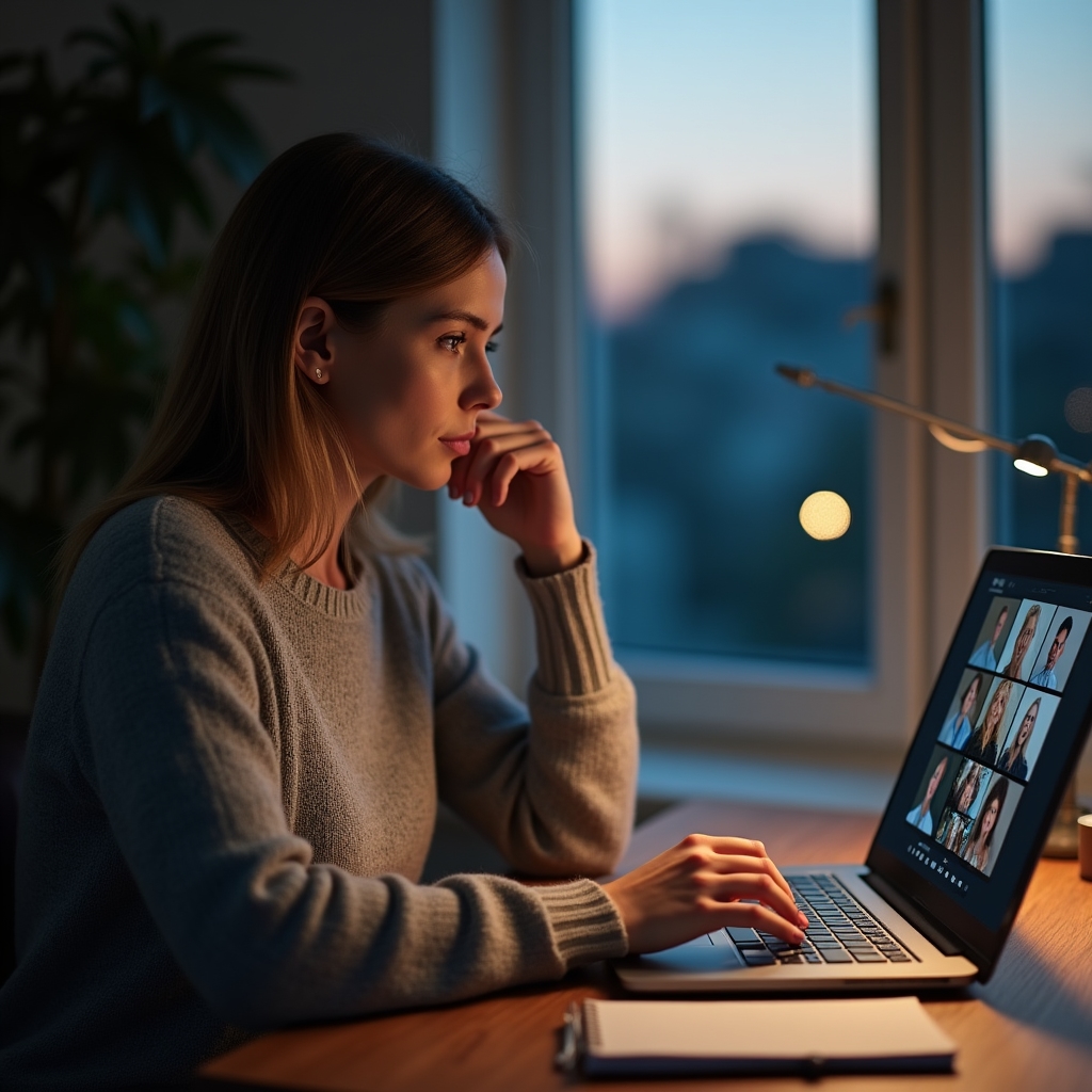 Účastnice online workshopu sleduje lekci na notebooku večer u okna