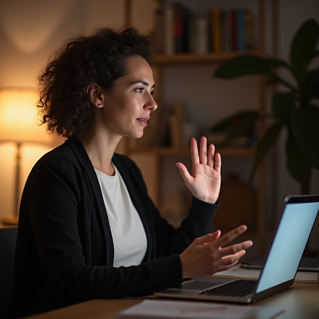 Lektorka vede online workshop o komunikaci přes videohovor z domácí pracovny
